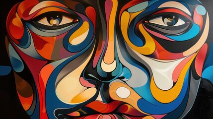 Fototapeta premium An abstract colorful face with bold lines and vibrant hues creating intricate patterns. The face is drawn on a black background and colors include blue, red, orange and yellow.