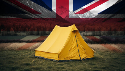 A symbol of adventure and patriotism, a tent stands tall against a backdrop of the United Kingdom flag and a breathtaking mountain vista.