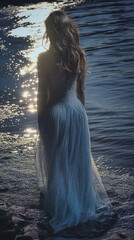 Elegant Woman in Dark Gown Posing by Moonlit Lake, Reflecting Moonlight on Water, Capturing Mystical and Romantic Evening Atmosphere, Perfect for Fashion, Nature, and Night Photography Themes
