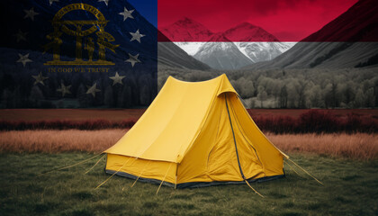 A symbol of adventure and patriotism, a tent stands tall against a backdrop of the Georgia flag and a breathtaking mountain vista.