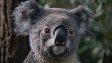 Naklejka premium Koala hanging onto a tree with a curious expression.