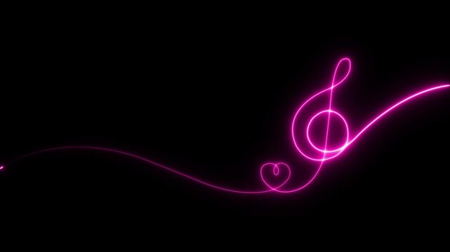 Neon music sheet. Line art. Musical symbols. Isolated on black background. Neon lines. Glowing music icons. Treble Clef. Music note. Musical notes. Music love. Melody, classical, sound design. Heart.
