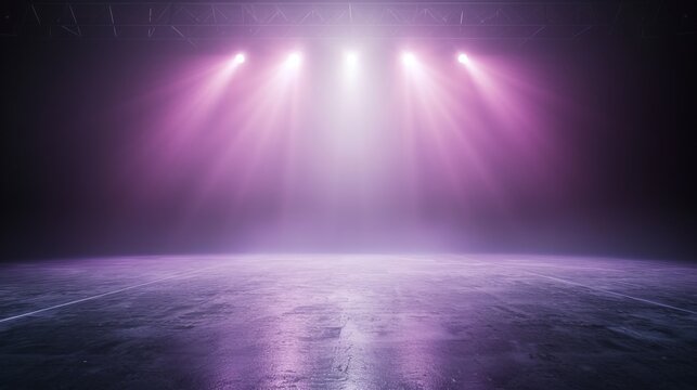 Empty stage with bright purple lights shining down, creating a dramatic and vibrant atmosphere. Perfect for performance or event background.