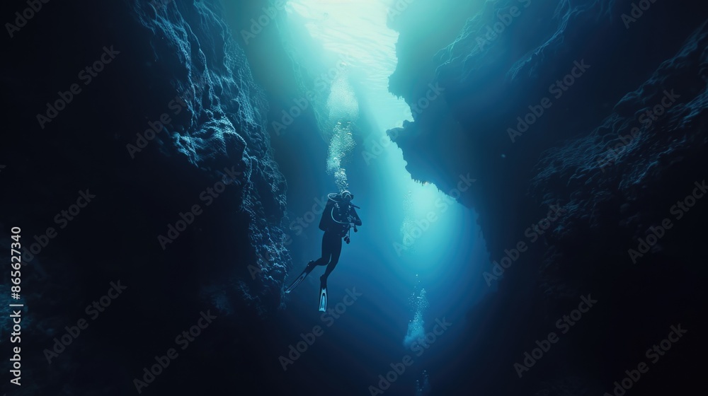 Wall mural Diver underwater in the blue sea. Scuba diving in the depths of the sea