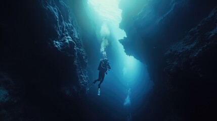 Diver underwater in the blue sea. Scuba diving in the depths of the sea