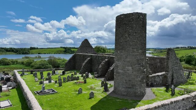 drone footage of Drumlane abbey and round tower in county cavan, ireland