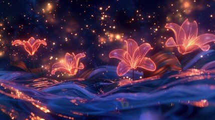Neon lilies set against a flowing backdrop of rose gold and sapphire blue hues, interspersed with stars, portraying the fluid motion of a celestial river.