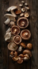 Various mushrooms on rustic wooden table, natural harvest concept