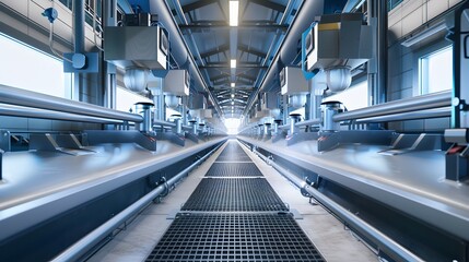 Obraz premium Modern Industrial Interior of a Clean Factory Production Line with Monitoring Systems