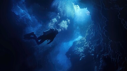Diver underwater in the blue sea. Scuba diving in the depths of the sea