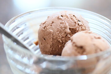 A delicious treat of two scoops of chocolate ice cream served in a glass bowl.