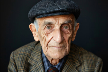 Close-up portrait of a senior man of European descent, studio photo, against a sleek gray studio backdrop