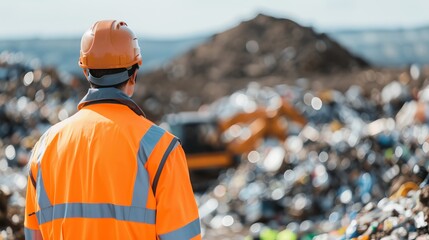 Worker in high-visibility clothing and hard hat surveying a landfill site filled with waste materials under a clear sky.