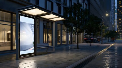 Modern bus stop with blank billboard at night. Empty bus shelter with glowing vertical advertisement banner on city street. Mockup for advertising, marketing, and promotion