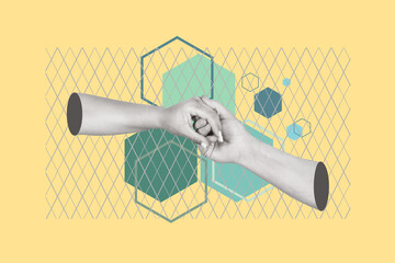 Collage de mano de mujer y hombre unidas en color semitono sobre hexágonos de tonos verdes y azules sobre un fondo amarillo. Vista de frente y de cerca. Copy space