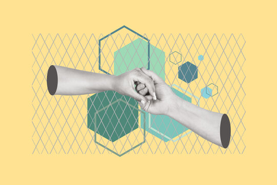 Collage de mano de mujer y hombre unidas en color semitono sobre hex&aacute;gonos de tonos verdes y azules sobre un fondo amarillo. Vista de frente y de cerca. Copy space