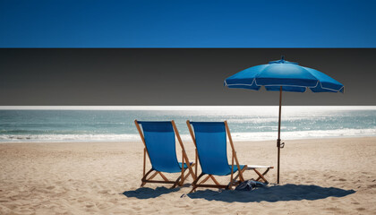 Two blue beach chairs and an umbrella await, inviting travelers to experience a relaxing Estonia beach vacation