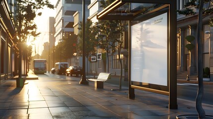 Blank billboard mockup at bus stop in a modern city street at sunrise. Empty advertisement banner template in urban environment, for marketing and advertising concept.
