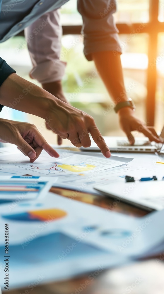 Poster Hands of professionals pointing at data charts during a business meeting. Strategy planning and teamwork in a modern office setting. Ideal for corporate growth and financial analysis