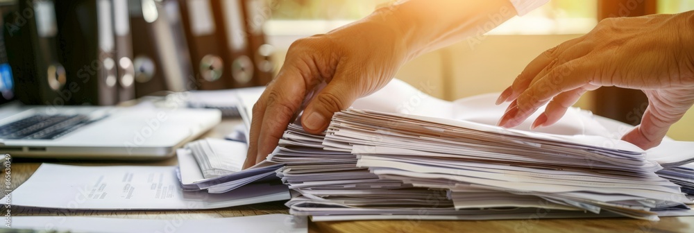 Aufkleber hands sorting through a stack of documents on a desk. business paperwork and organization concept. i