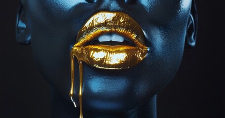 Close-up of metallic gold lips on dark skin background in creative fashion concept