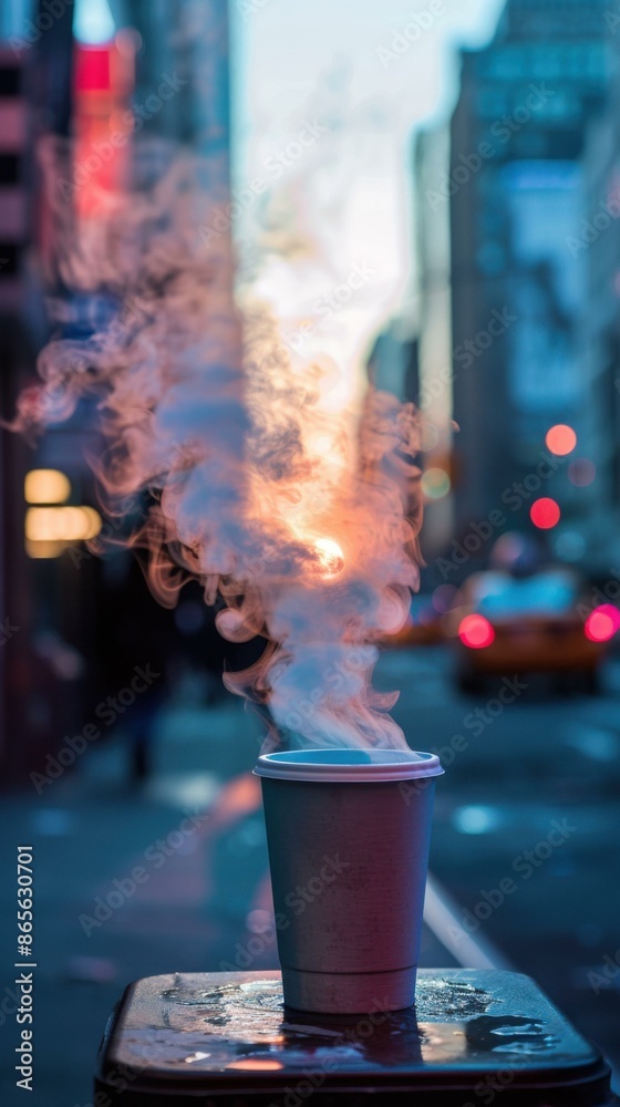 Poster A cup of coffee on a table with smoke coming out. AI.