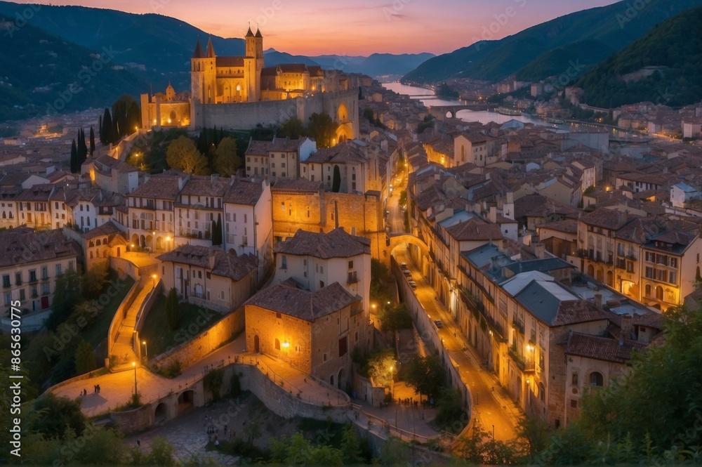 Wall mural A city with a castle and many lights on it at night. AI.