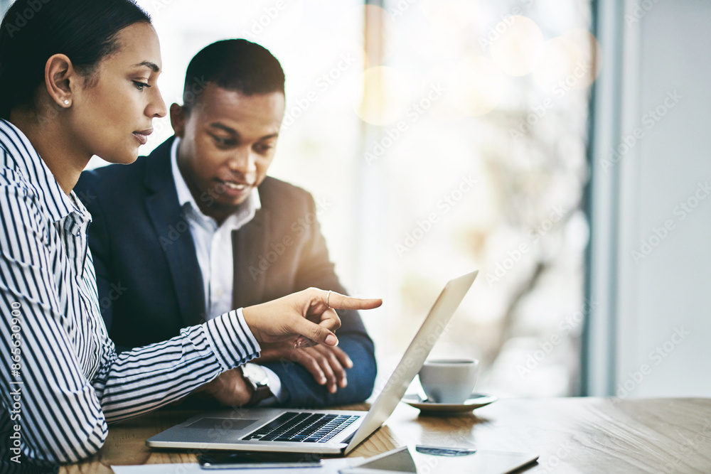 Canvas Prints Conversation, laptop and business people in office with collaboration for company budget planning. Deal, computer and team of financial advisors working on stocks investment with revenue or profit.