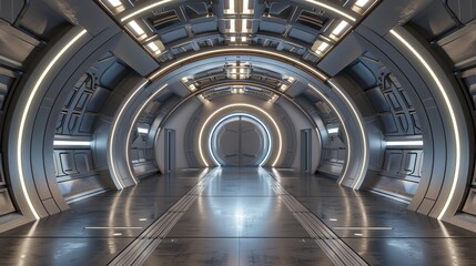 Naklejka premium Futuristic tech institute entrance with metallic glass portal and advanced sliding door