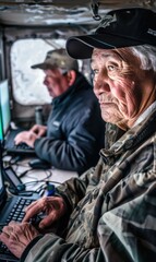 Obraz premium Two men sitting in a room on laptops and one is using his cell phone. AI.