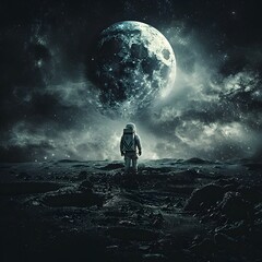 Obraz premium Solitary Astronaut Gazing at Captivating Celestial Landscape in Awe-Inspiring Interstellar Odyssey