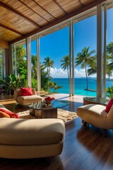 Obraz premium A living room with a view of the ocean and palm trees. AI.