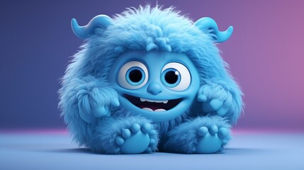 3D cartoon monster with soft, blue fur, looking adorable.