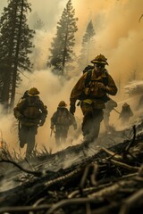 Fototapeta premium A group of firefighters are running through a forest fire. AI.