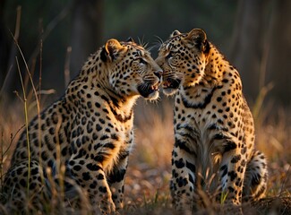 Fototapeta premium Two leopards are sitting next to each other in the grass. AI.