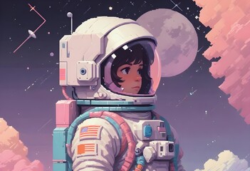 Cute young female astronaute looking at the distance in the sky, glimsping, beautiful night sky behind with planets and stars, pixelart comic