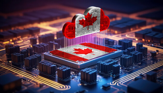 Technology soaring, a Canada flag-themed cloud hovers above a processor, symbolizing innovation in the digital age