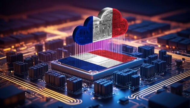 Technology soaring, a France flag-themed cloud hovers above a processor, symbolizing innovation in the digital age