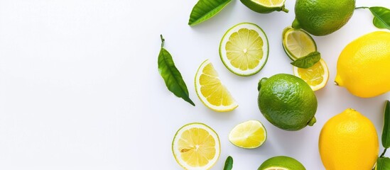 Fresh organic yellow lemon lime fruit with slice and green leaves on white background. Top view...