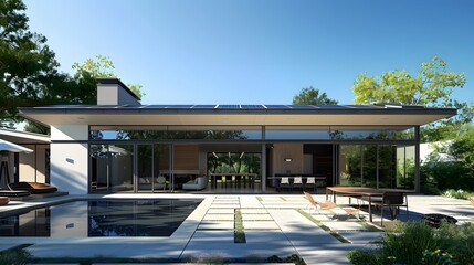 Fototapeta premium Modern, sustainable home exterior with solar panels, floor-to-ceiling windows and a swimming pool. Concepts. luxury real estate, green living, energy efficiency, architectural design