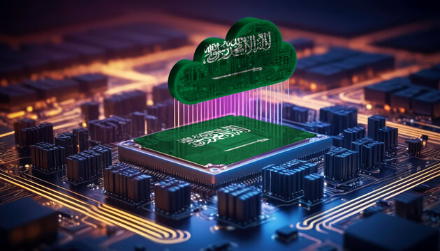 Technology soaring, a Saudi Arabia flag-themed cloud hovers above a processor, symbolizing innovation in the digital age