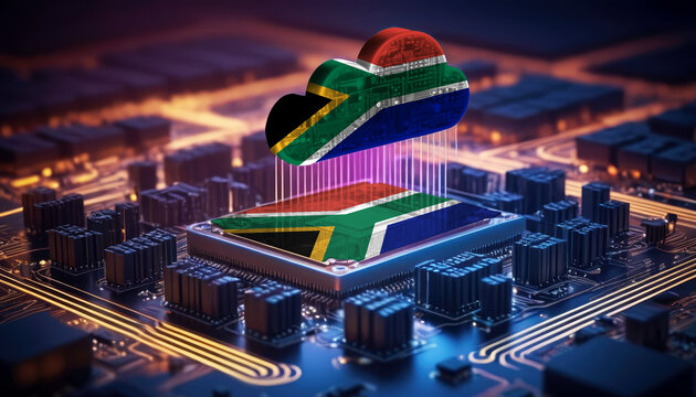 Technology soaring, a South Africa flag-themed cloud hovers above a processor, symbolizing innovation in the digital age