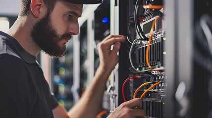 IT specialist working on a network server. Male technician troubleshooting or configuring server hardware. Concept of data center, cybersecurity, network engineering, and IT support