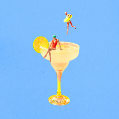 Young girls in retro swimsuits interacting with sweet and sour Margarita cocktail against blue...