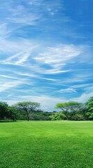 Obraz premium A panoramic view of rolling green hills and meadows under a bright blue sky dotted with puffy white clouds