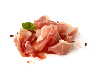 Slices of tasty prosciutto with basil on white background