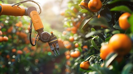 Robotic arm harvesting ripe oranges in a modern orchard, showcasing innovation in agriculture and farming technology.