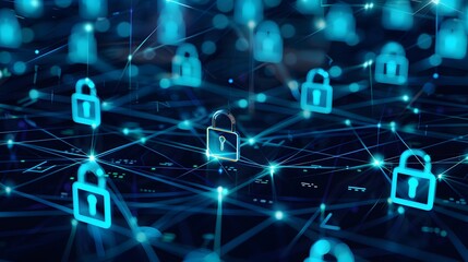 Obraz premium Cybersecurity and data protection concept. Network of digital padlocks symbolizing online security, privacy, and encryption.
