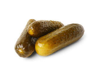 Delicious fermented cucumbers on white background