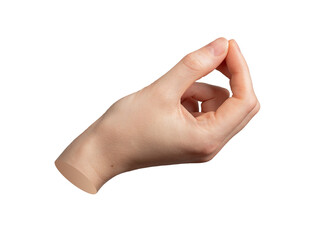 Hand gesture, finger pinch, thumb catch white background. Squeeze, clip, grasp, take. Tip curled,...